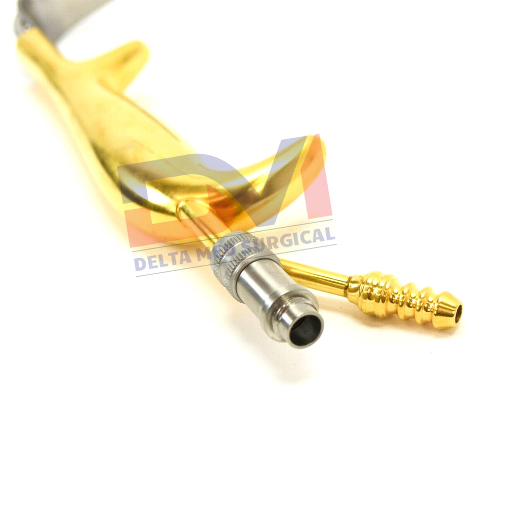 Delta Med Surgical Tebbetts-Style Retractor showing the serrated tip, integrated fiber optic port, and suction tube connection.