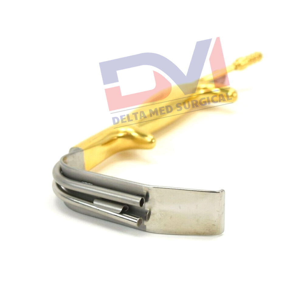 Delta Med Surgical Tebbetts-Style Retractor showing the serrated tip, integrated fiber optic port, and suction tube connection.
