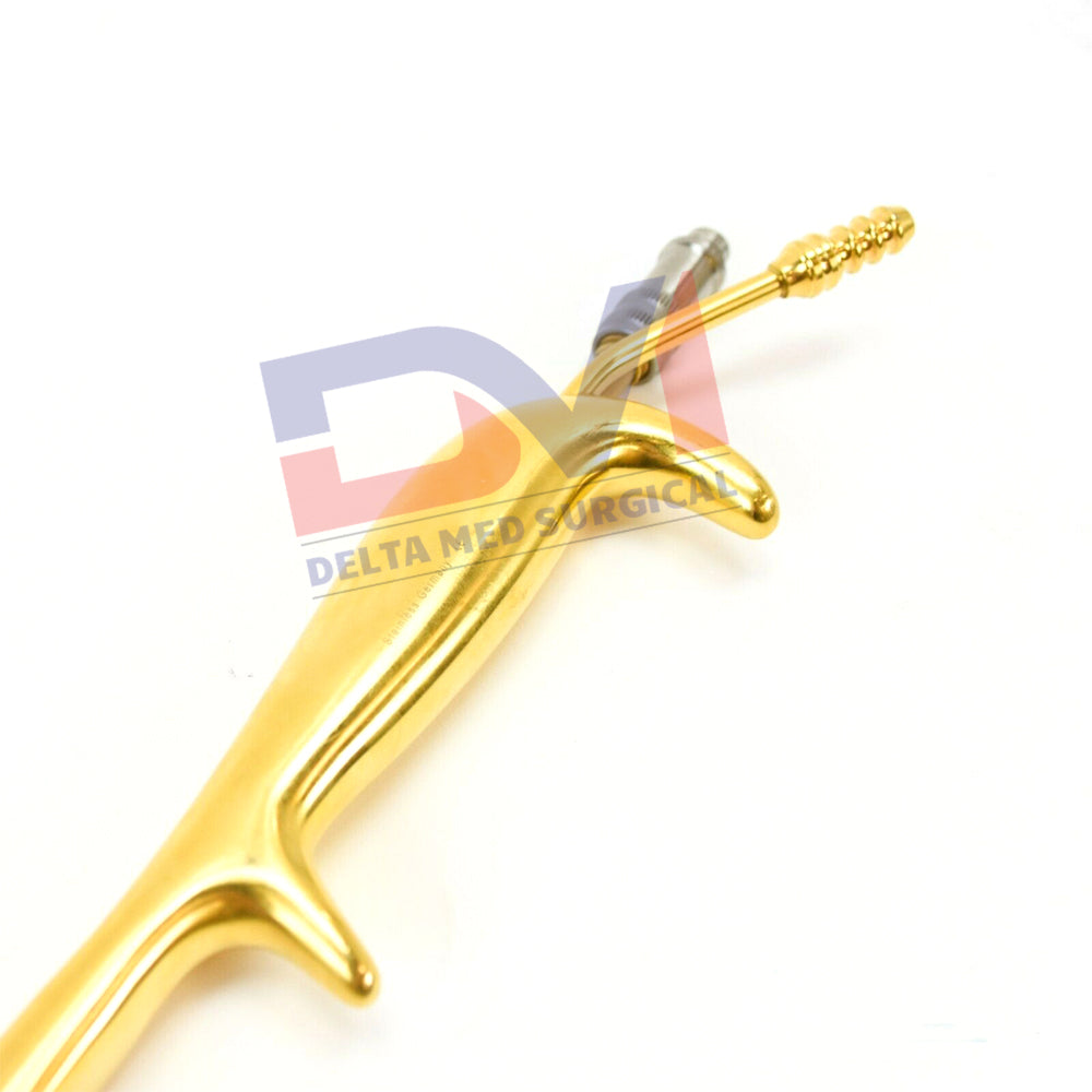 Delta Med Surgical Tebbetts-Style Retractor showing the serrated tip, integrated fiber optic port, and suction tube connection.