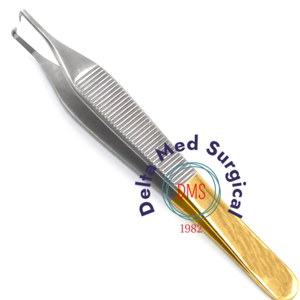 Tungsten carbide gripping surface on Adson surgical forceps