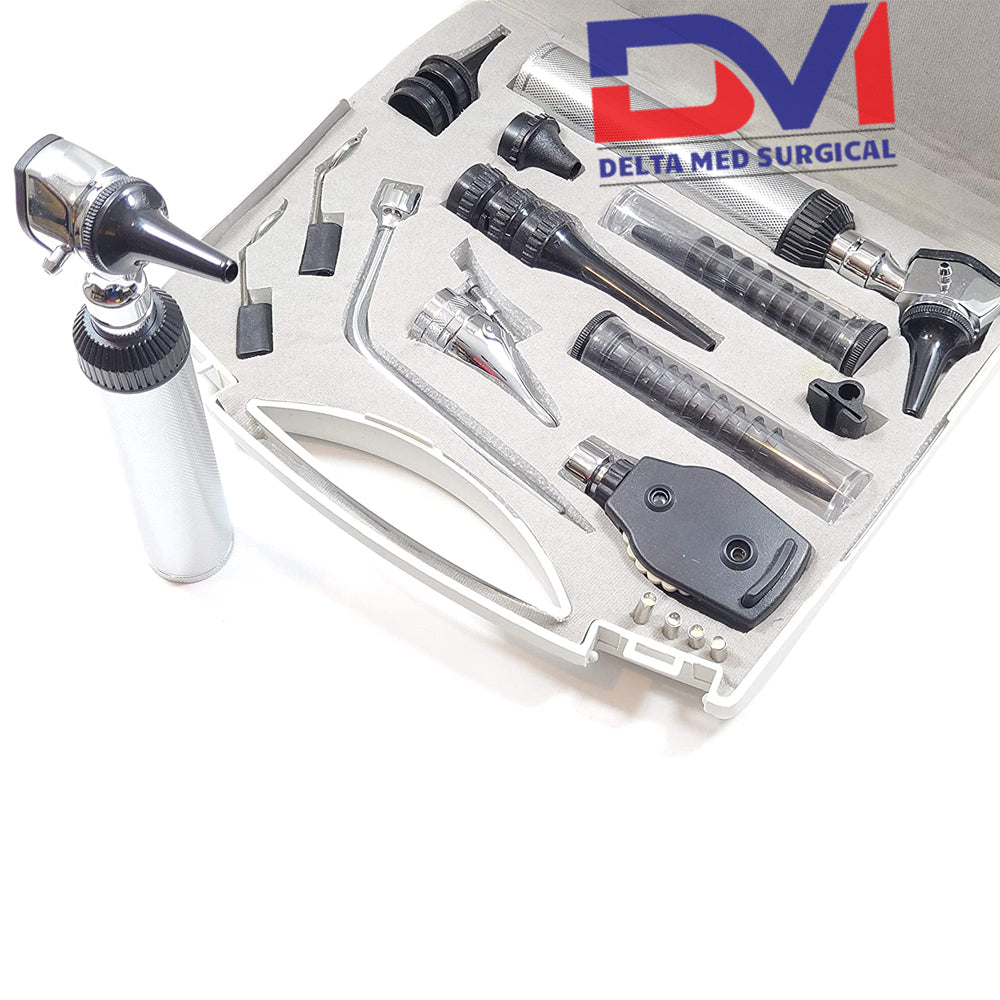 Complete Delta Med Surgical ENT Diagnostic Set in a black hard case featuring otoscope and ophthalmoscope heads