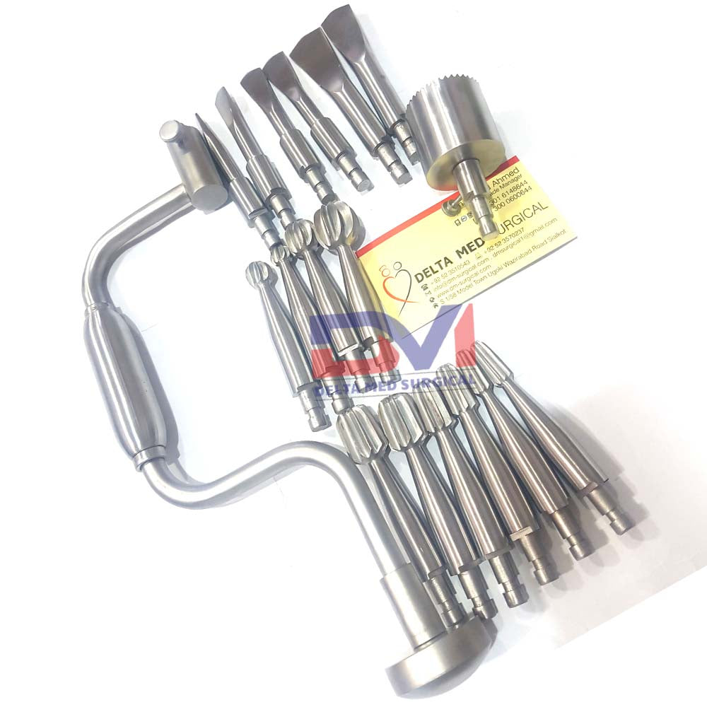 Complete 7-piece Delta Med Surgical Hudson Hand Drill Brace set with five burrs and extension bar in a surgical tray
