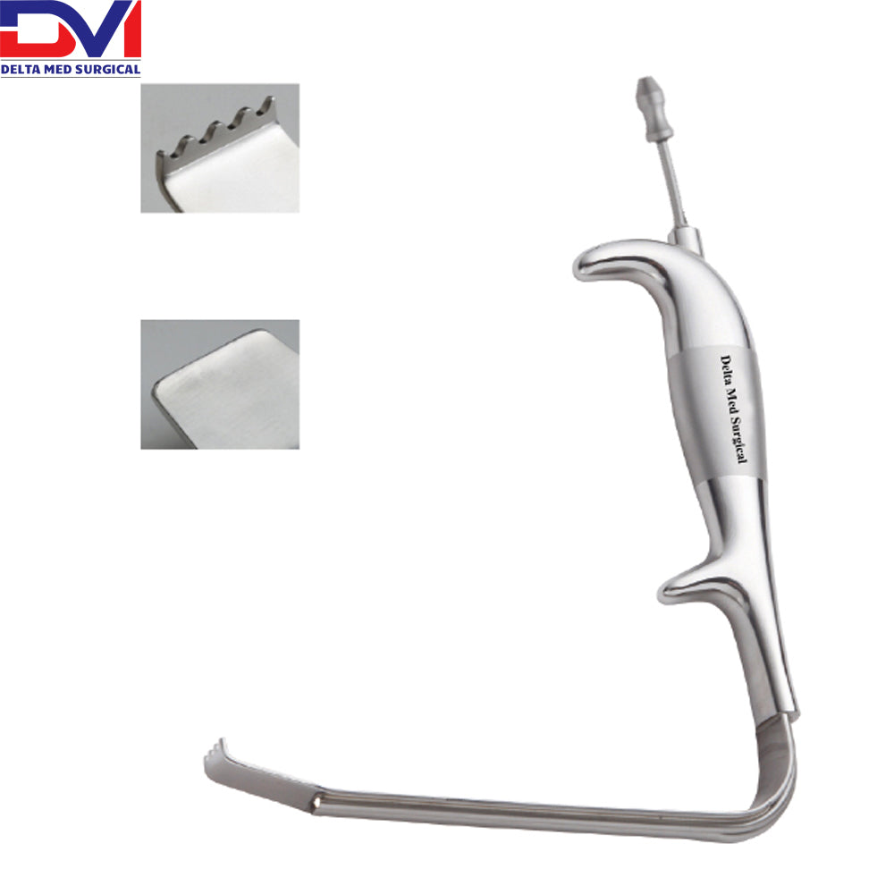 Delta Med Surgical Tebbetts-Style Breast Retractor with integrated suction port and serrated blade tip, non-lighted version