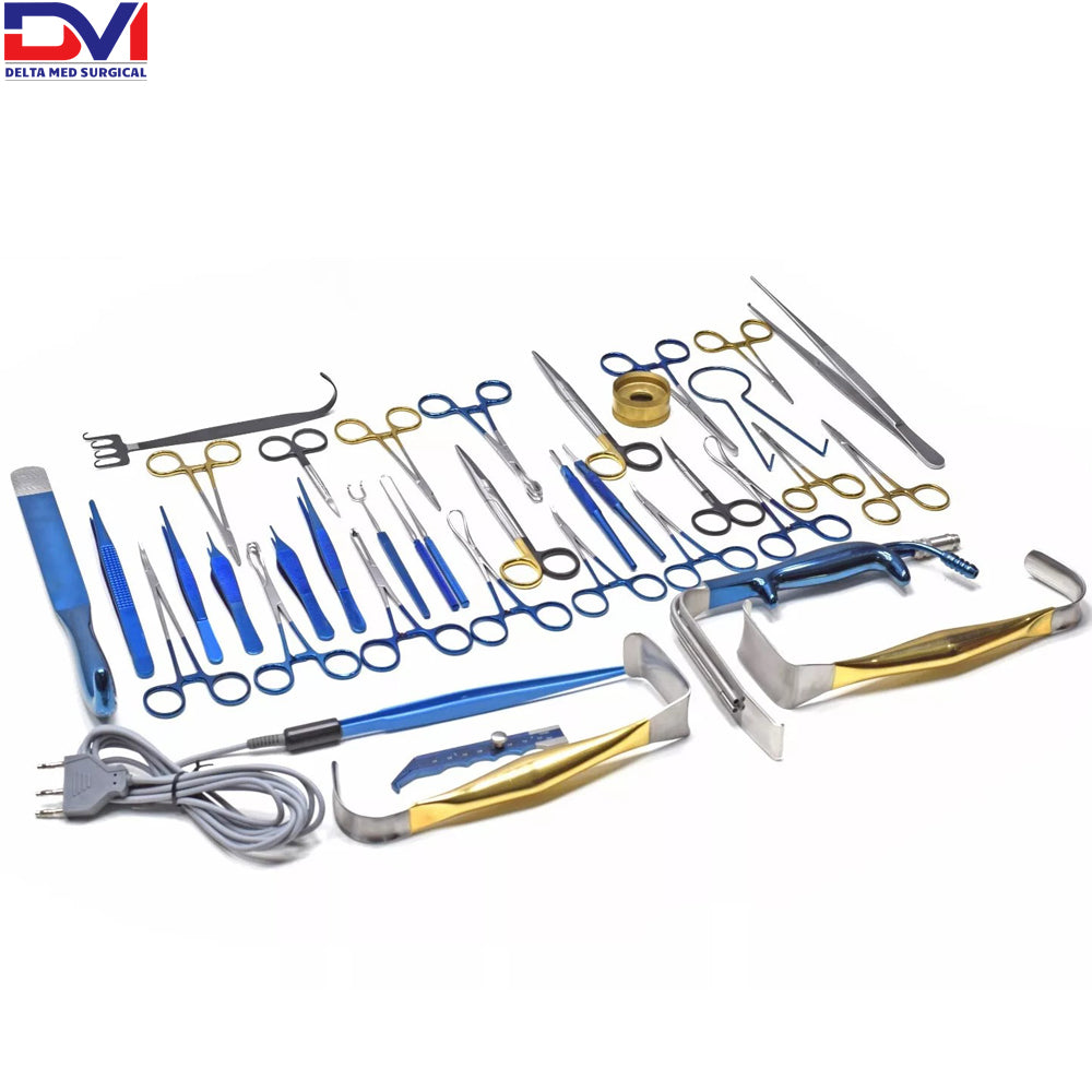 Complete 38-piece Delta Med Surgical Tebbetts Breast Surgery Set featuring retractors, dissectors, and calipers