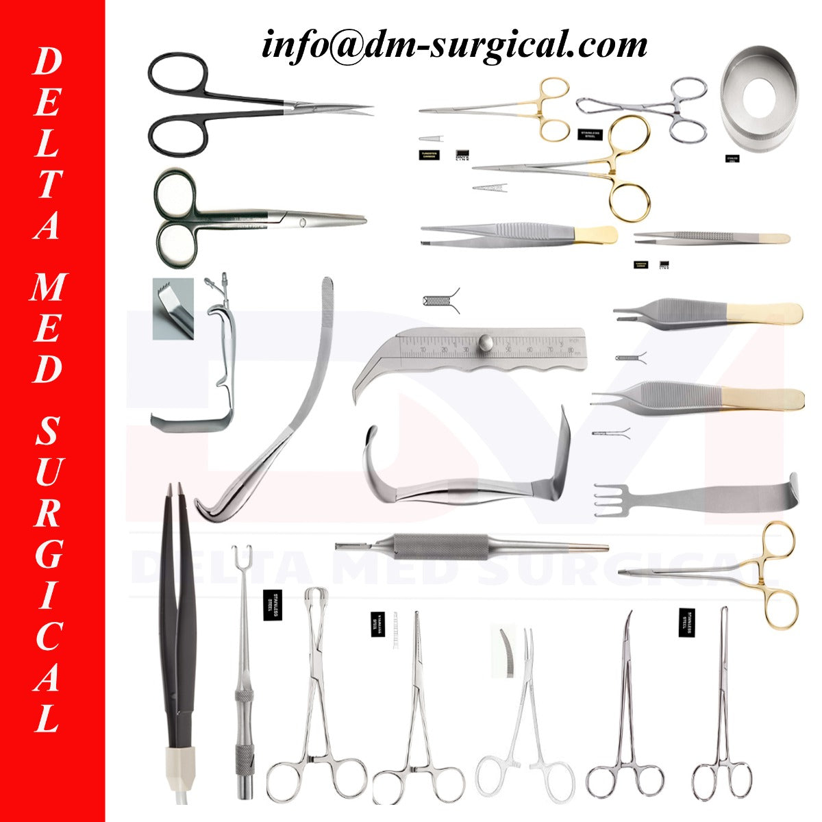 Complete 38-piece Delta Med Surgical Tebbetts Breast Surgery Set featuring retractors, dissectors, and calipers