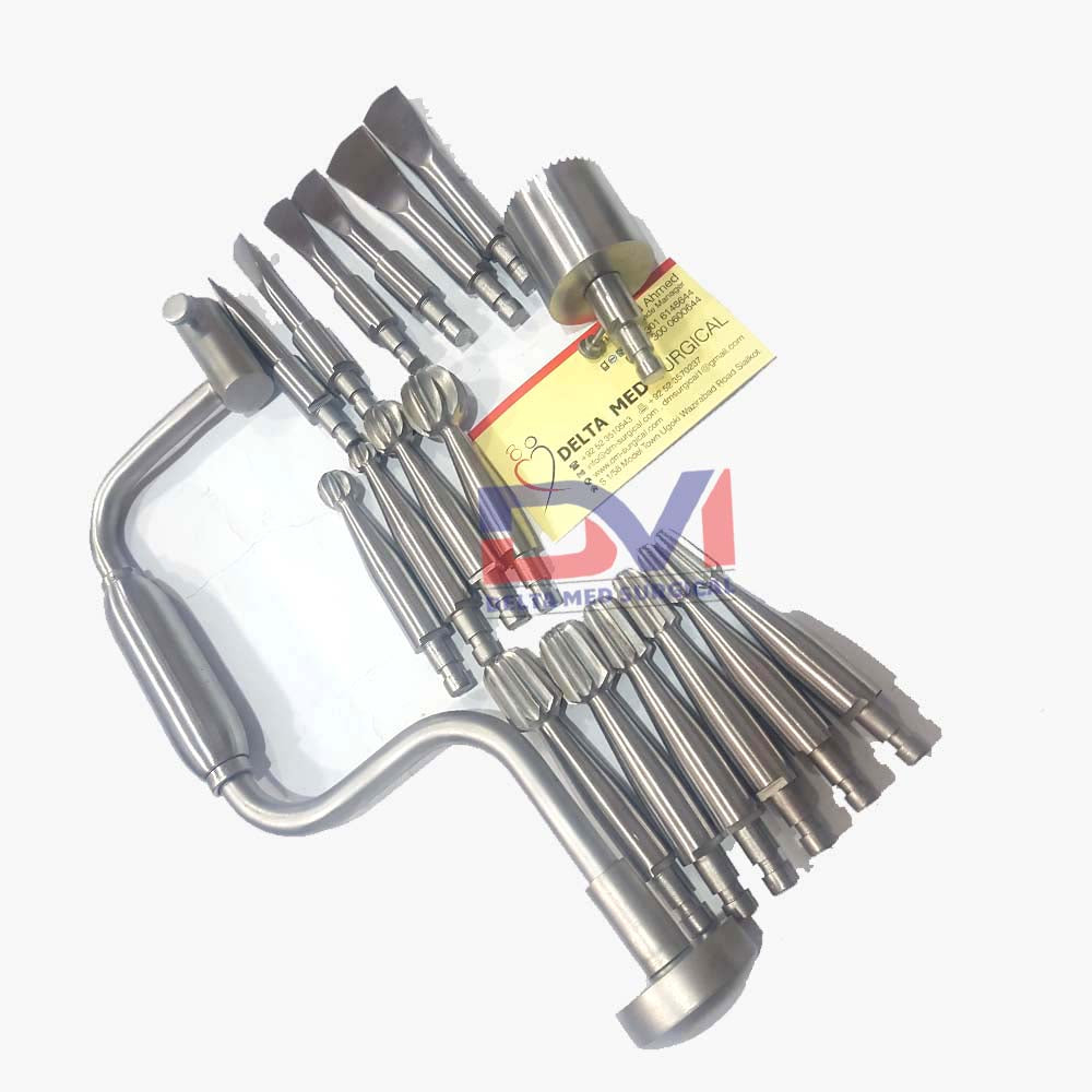 Complete 7-piece Delta Med Surgical Hudson Hand Drill Brace set with five burrs and extension bar in a surgical tray