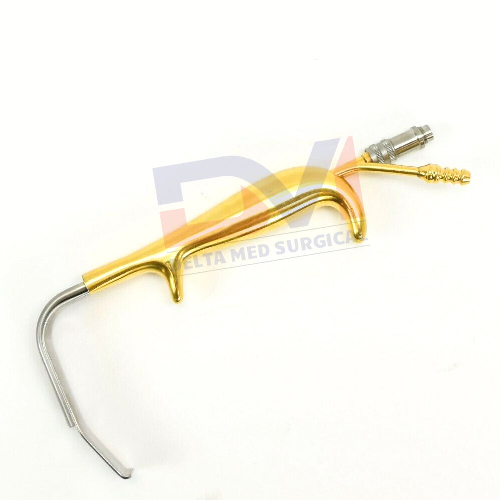 Delta Med Surgical Tebbetts-Style Retractor showing the serrated tip, integrated fiber optic port, and suction tube connection.