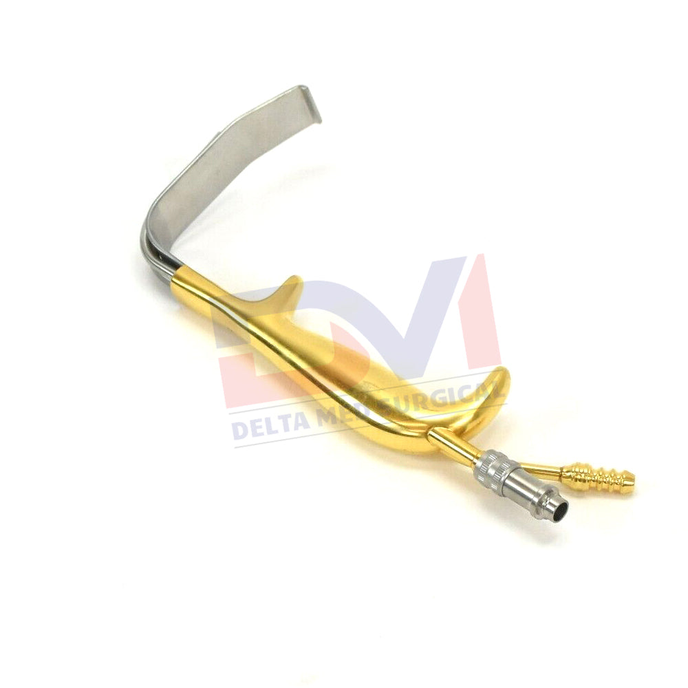 Delta Med Surgical Tebbetts-Style Retractor showing the serrated tip, integrated fiber optic port, and suction tube connection.