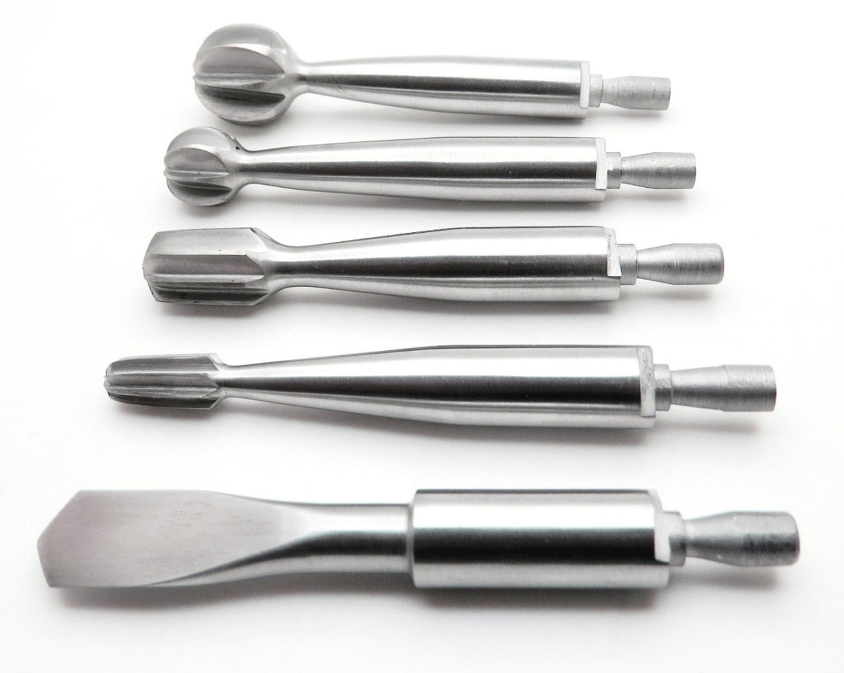 Complete 7-piece Delta Med Surgical Hudson Hand Drill Brace set with five burrs and extension bar in a surgical tray