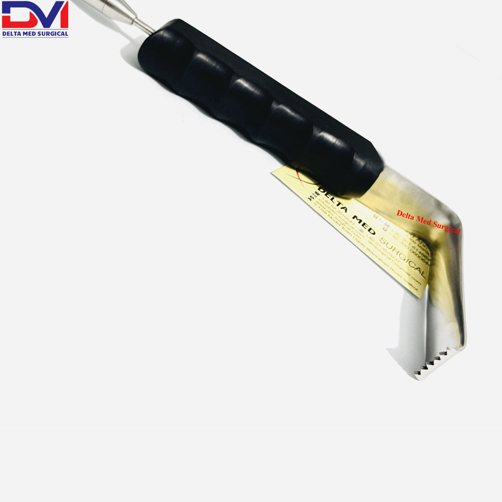 Delta Med Surgical 1.5x3 Right Angle Retractor showing the 4-tooth serrated edge and integrated fiber optic light port.