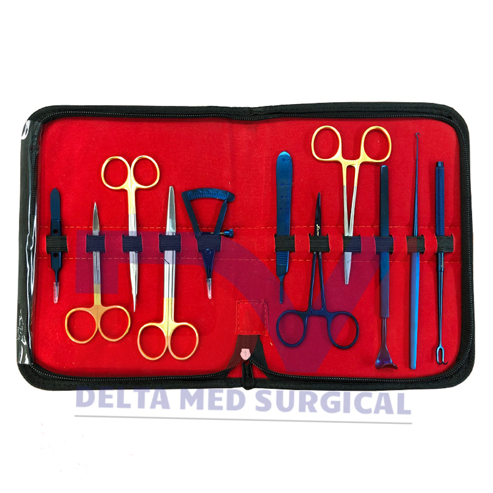 Complete Blepharoplasty Surgery Instrument Set by Delta Med Surgical arranged in a sterilization tray