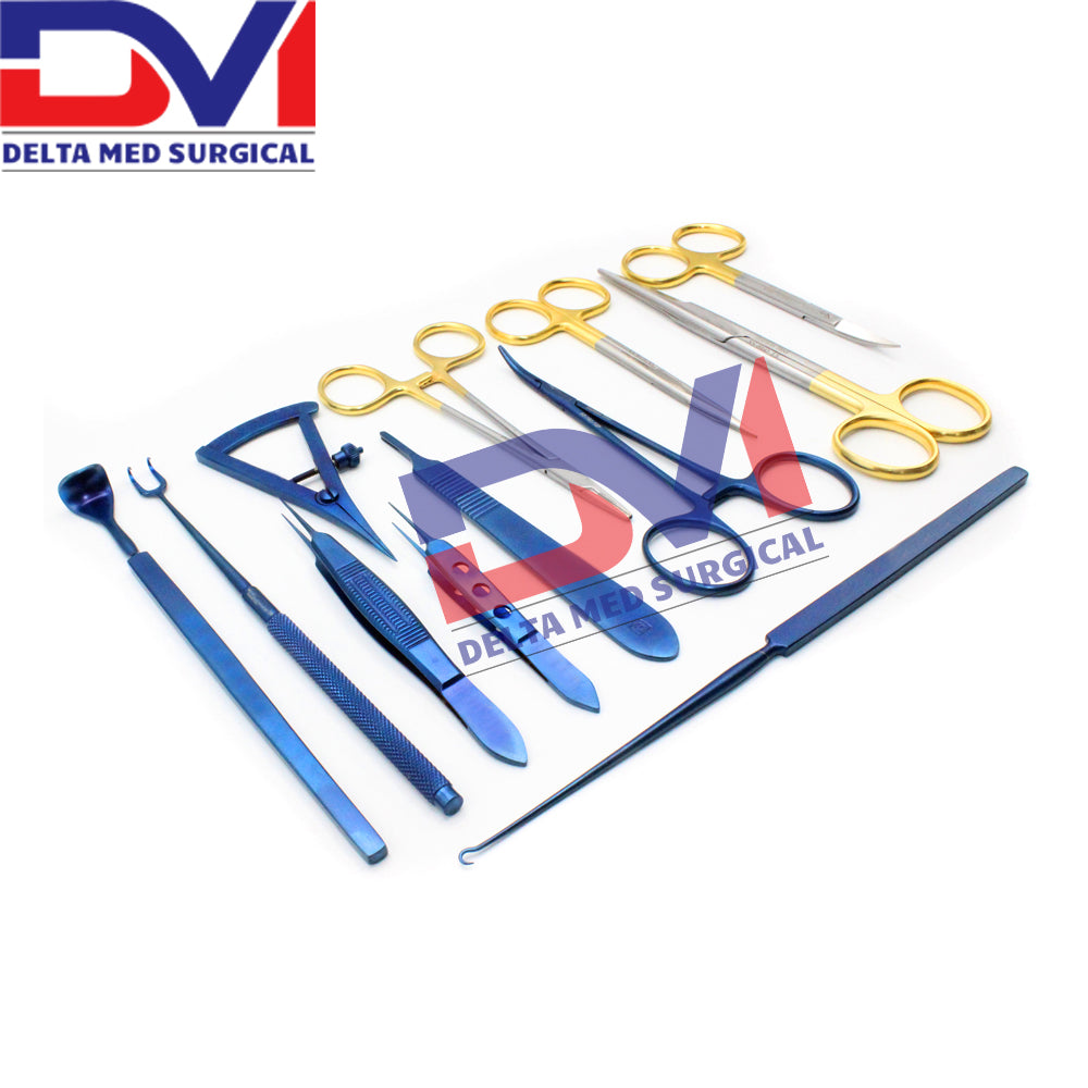 Complete Blepharoplasty Surgery Instrument Set by Delta Med Surgical arranged in a sterilization tray