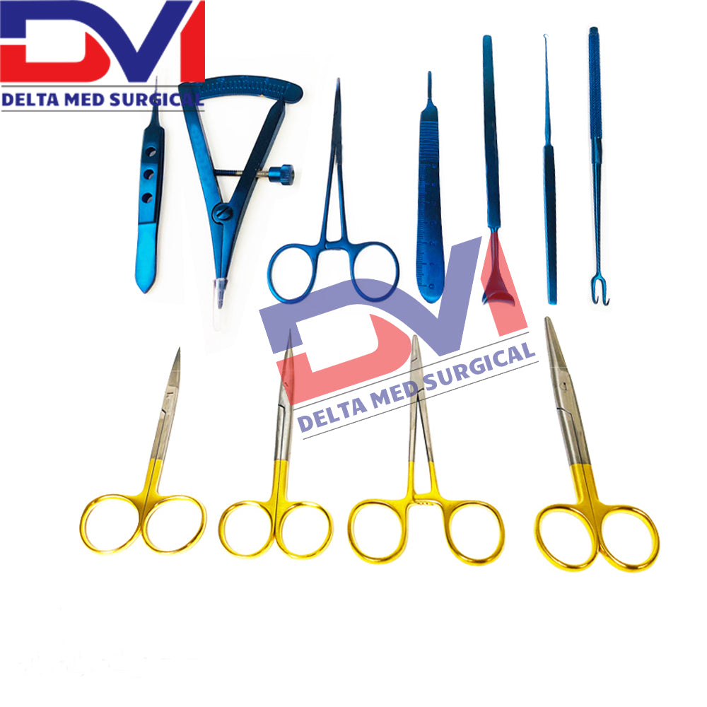 Complete Blepharoplasty Surgery Instrument Set by Delta Med Surgical arranged in a sterilization tray