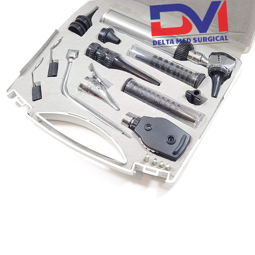 Complete Delta Med Surgical ENT Diagnostic Set in a black hard case featuring otoscope and ophthalmoscope heads