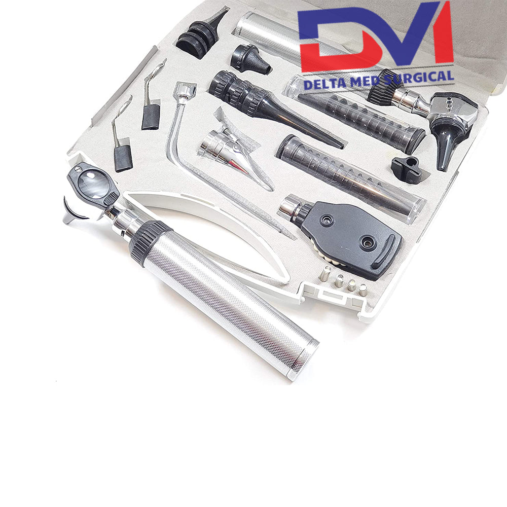 Complete Delta Med Surgical ENT Diagnostic Set in a black hard case featuring otoscope and ophthalmoscope heads