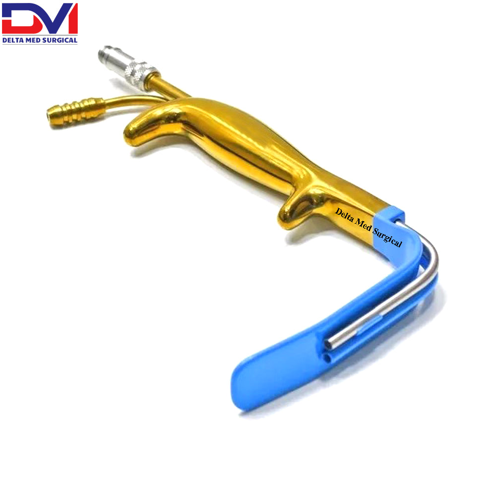 Delta Med Surgical 120x25mm Insulated Ferreira Style Retractor showing the black/blue insulation coating and integrated fiber optic port.