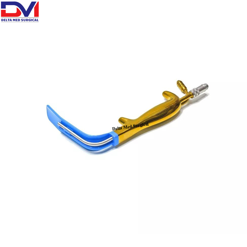 Delta Med Surgical 120x25mm Insulated Ferreira Style Retractor showing the black/blue insulation coating and integrated fiber optic port.