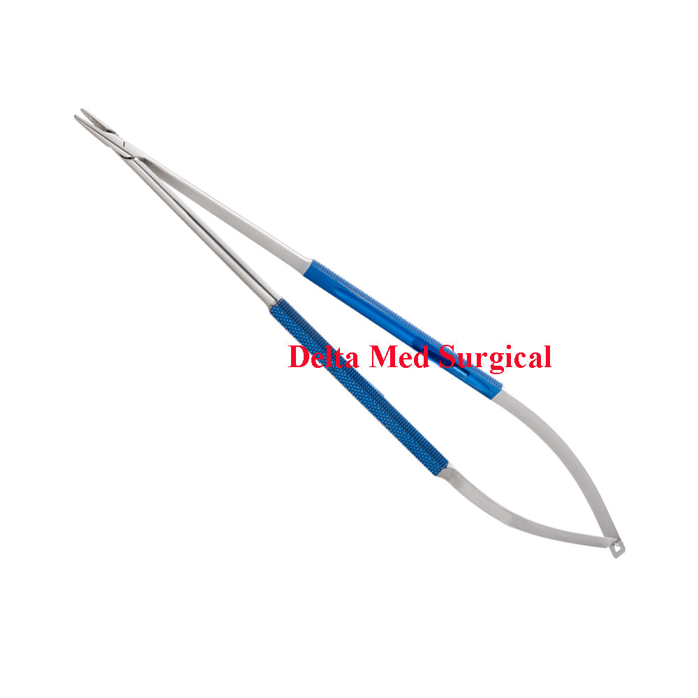 Micro Needle Holder, 6″(15cm), 8mm Round Handle, Curved, W-O Lock, 0.4mm Tip